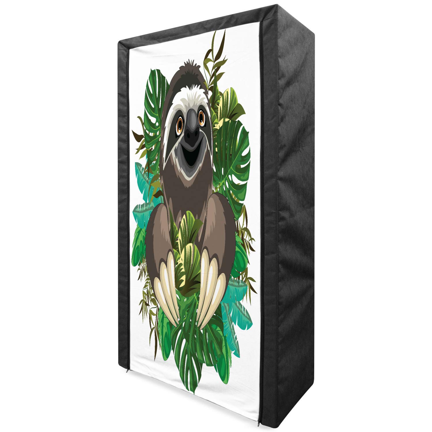 Ambesonne Sloth Portable Fabric Wardrobe with Shelves - Tropical Jungle Green Banana Leaves Design, 33.5 Inch Clothing Organizer & Storage Closet in Chocolate Green Ivory | Perfect for Small Spaces, Dorm Rooms, and Kids Bedrooms