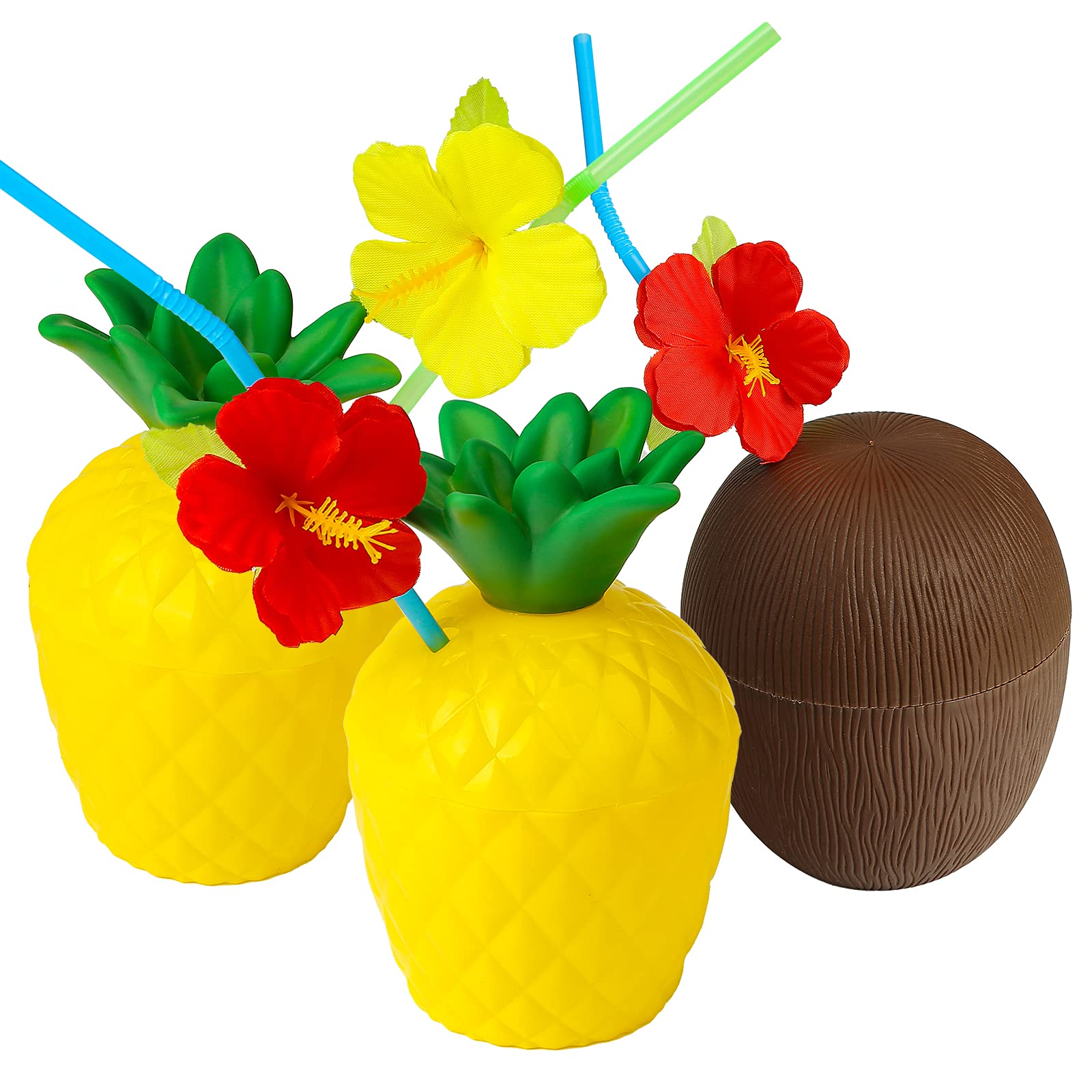 3PCS Tropical Pineapple Coconut Plastic Drink Cups with Straws - Hawaiian Luau Party Supplies for Summer Beach, Pool, and Kids Birthday Parties