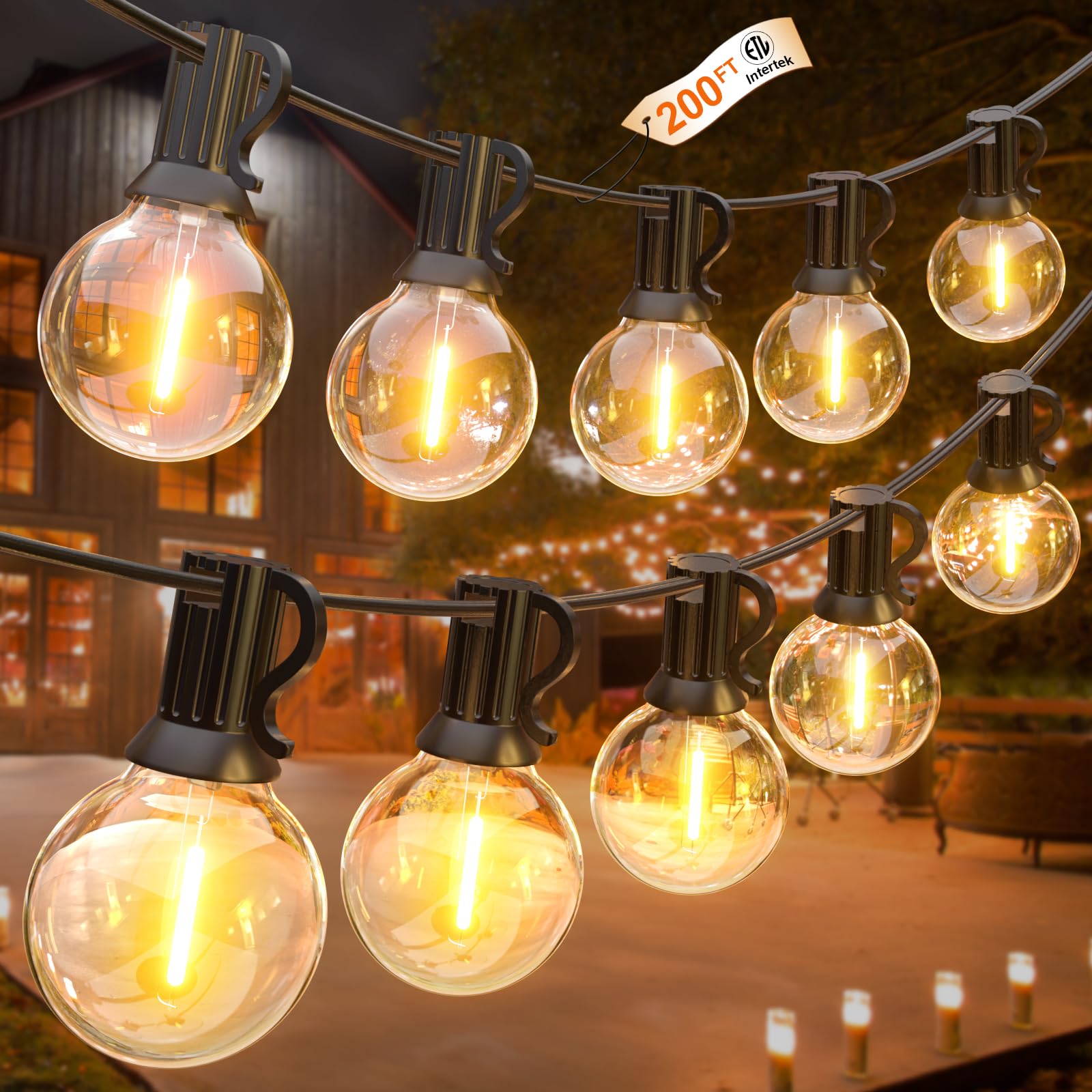 GLUROO 200FT Outdoor String Lights (100FT x 2) - G40 LED Patio Lights with 104 Bulbs, Waterproof Shatterproof Dimmable Globe Hanging Lights for Garden, Backyard, Cafe, Bistro - Perfect for Parties, Weddings & Outdoor Decor