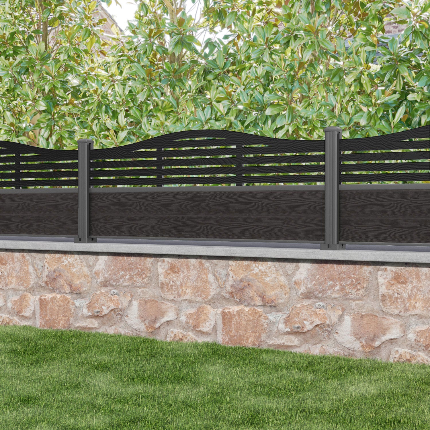 Dark Oak Classic Aspen Curved Top Fence Panel with Aluminum Posts - Perfect for Garden Borders, Backyard Privacy, and Landscape Decoration