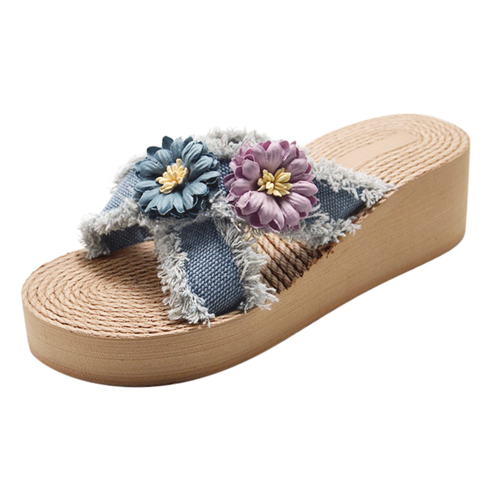 Women's Denim Cross Beach Sandals - Comfortable Linen Wedge Summer Sandals in Blue | Perfect for Beach Outings, Casual Walks & Summer Vacations