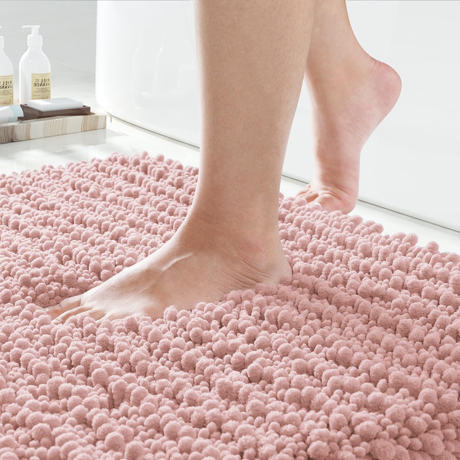 Yimobra Non-Slip Bathroom Rug Mat 44x24 Inches - Super Absorbent Quick Dry Bath Mat, Machine Washable Soft Plush Bathroom Floor Mat for Bathroom & Bedroom - Modern Home Decor Accessories in Light Pink - Perfect for Shower, Tub & Vanity Areas
