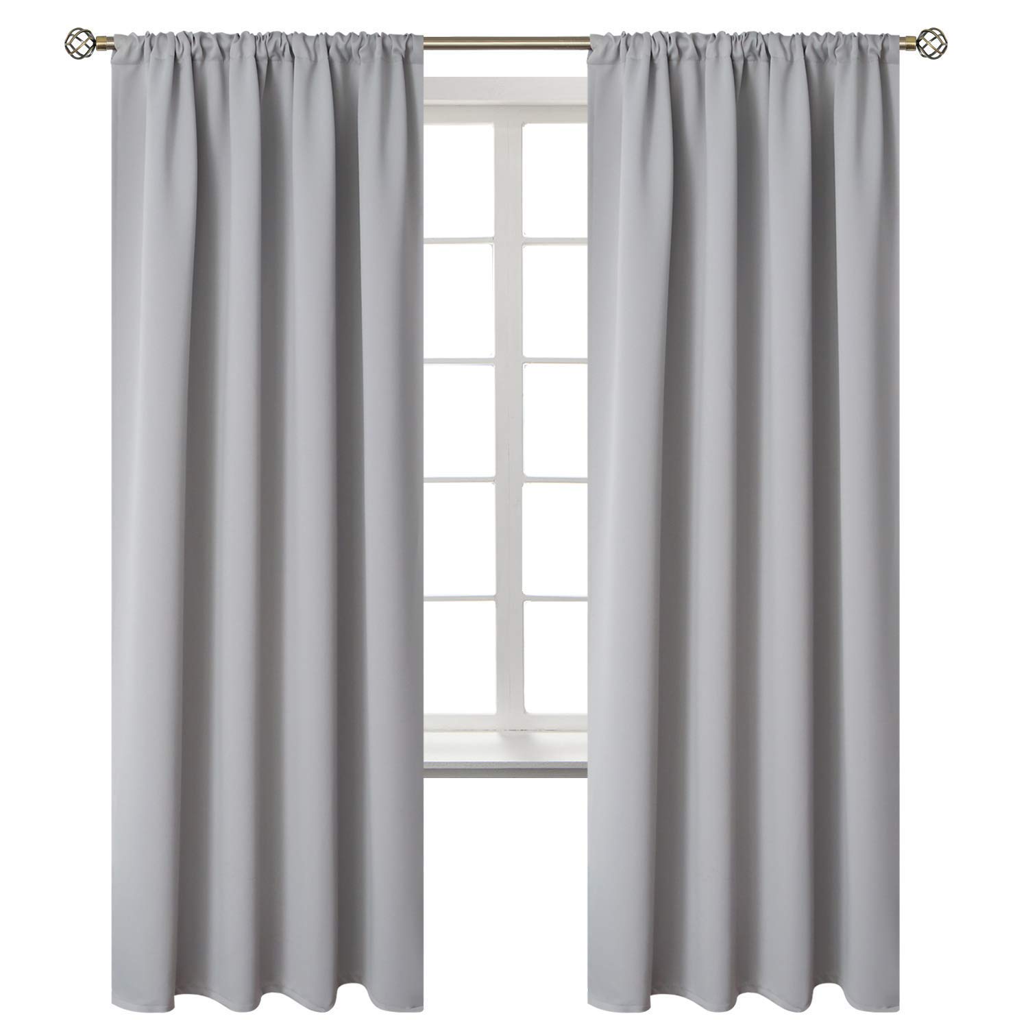 Thermal Insulated Rod Pocket Curtains for Windows & Doors - Polyester Blackout Drapery Panel, Silver Grey, 60