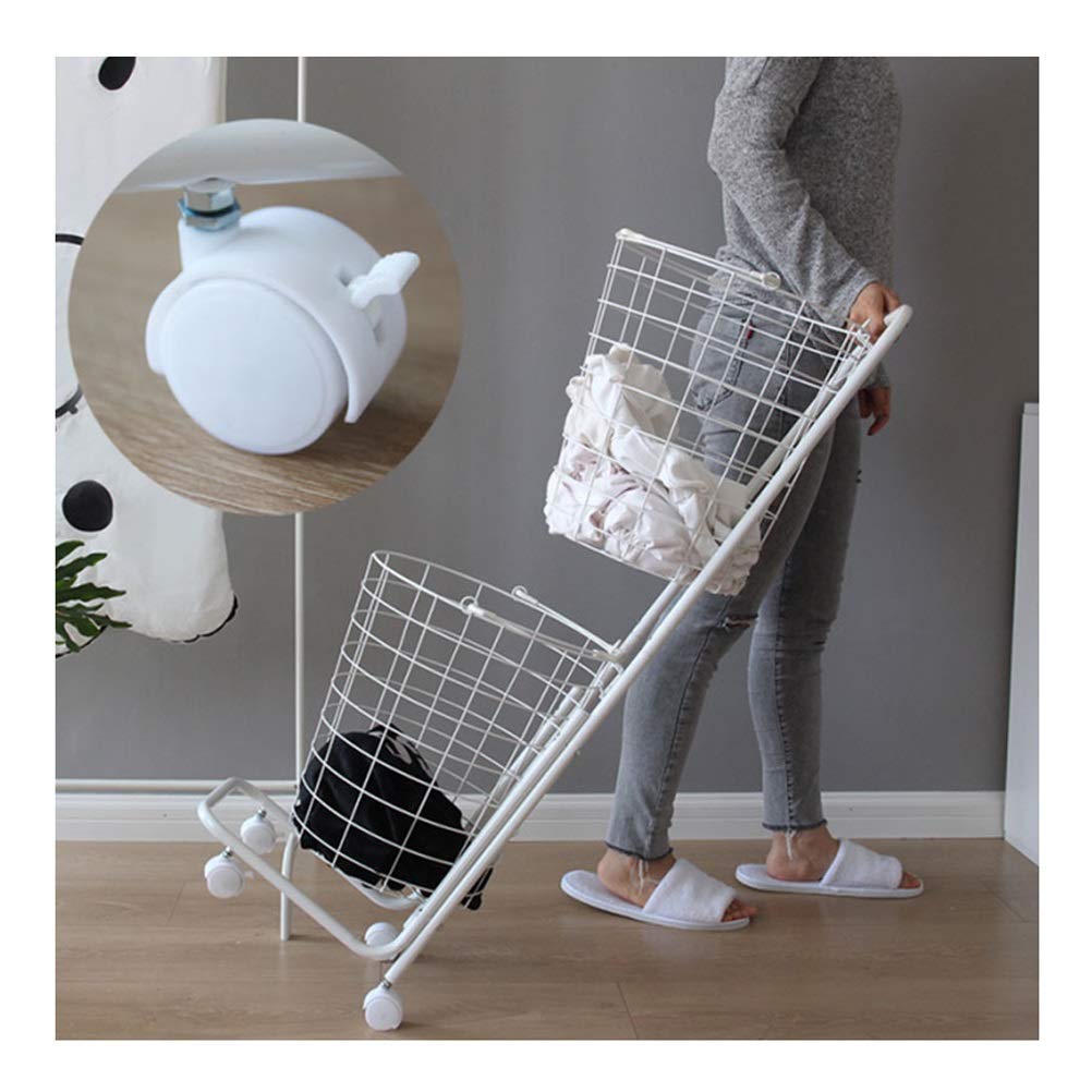 Sturdy Iron Laundry Basket with Wheels - Foldable Dirty Clothes Hamper, Multi-Layer Hanging Storage Organizer for Home & Laundry Room (White) - Perfect for Small Spaces, Dorm Rooms & Closet Organization