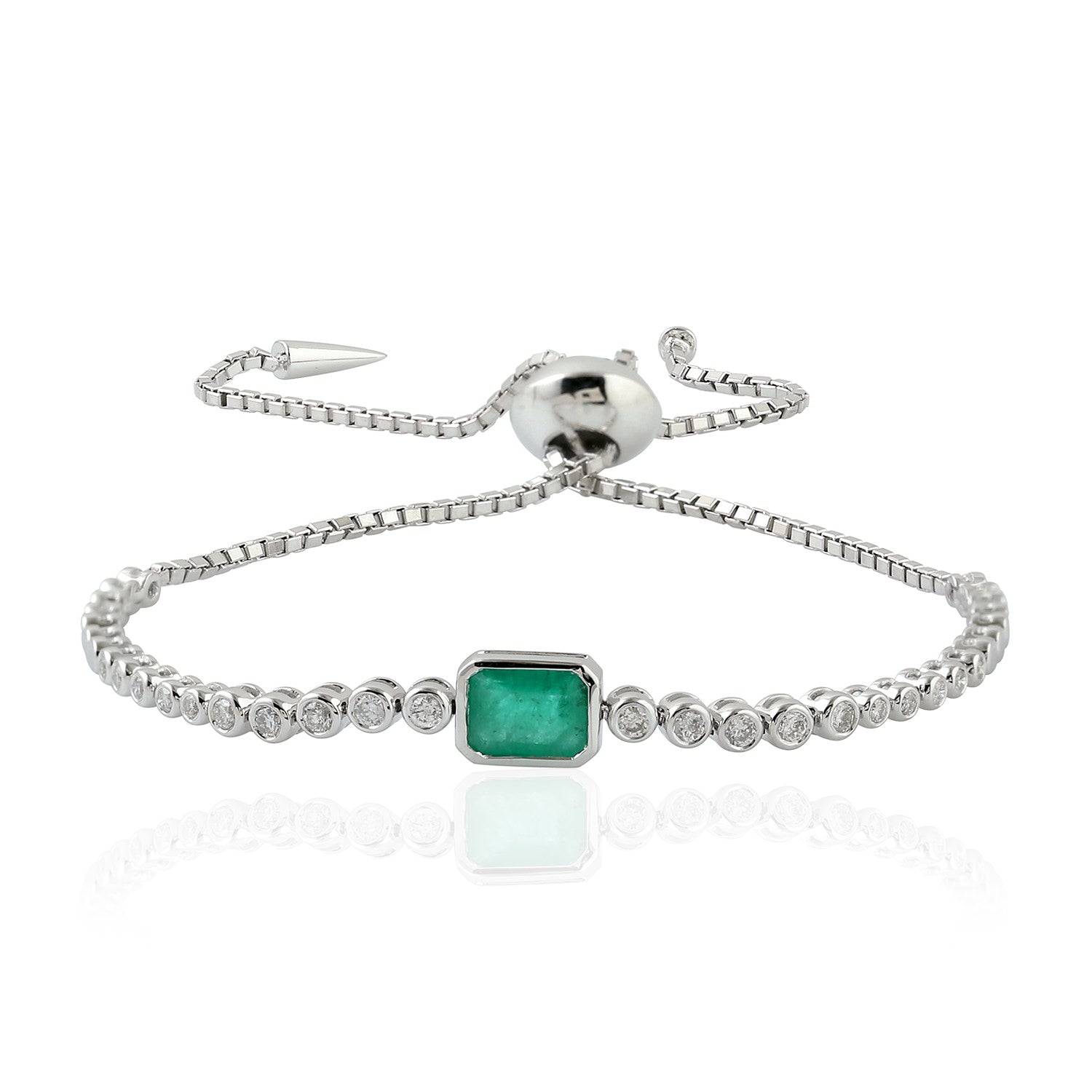 Emerald Gemstone Bracelet with Diamond Bezel Setting in 14K White Gold - Flexible & Adjustable for Everyday Wear & Special Occasions