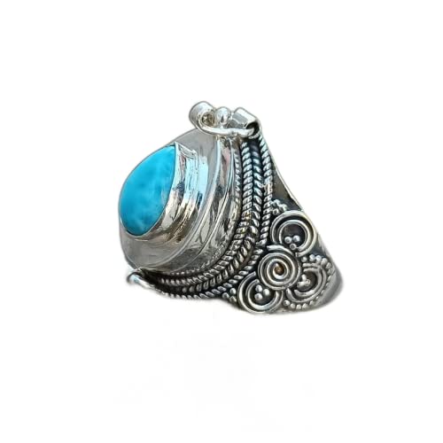 Dominican Republic Larimar Poison Ring - Sterling Silver Locket Ring with Secret Compartment | Magic Portal Jewelry | Boho Style Pillbox Ring for Women | Perfect for Gifts, Witchy Aesthetics & Spiritual Protection