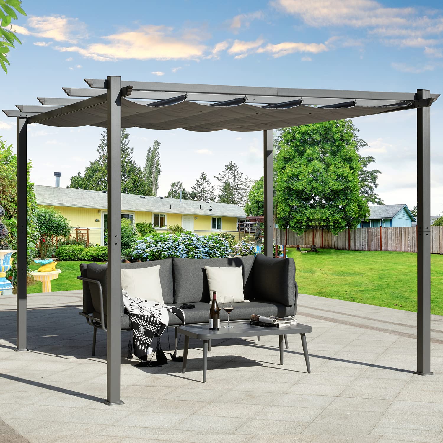 EROMMY 10' x 10' Retractable Canopy Outdoor Pergola - Durable Aluminum Frame Patio Shelter with Sun & Rain Protection - Perfect for Backyard, Garden, Deck & Outdoor Entertaining