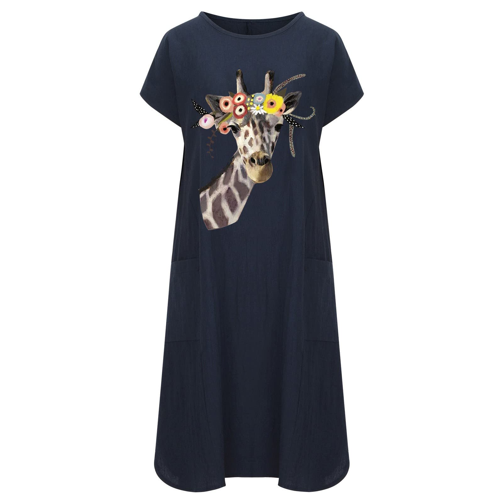 Women's Giraffe Print Loose Short Sleeve Summer Dress - Round Neck Casual Flowy T-Shirt Dress for Beach, Vacation & Everyday Wear