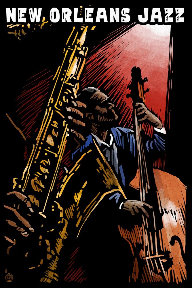 New Orleans Jazz Band Scratchboard Art - 12x18 Wall Decor Poster for Living Room, Bedroom & Office | Louisiana Music Theme Home Decor