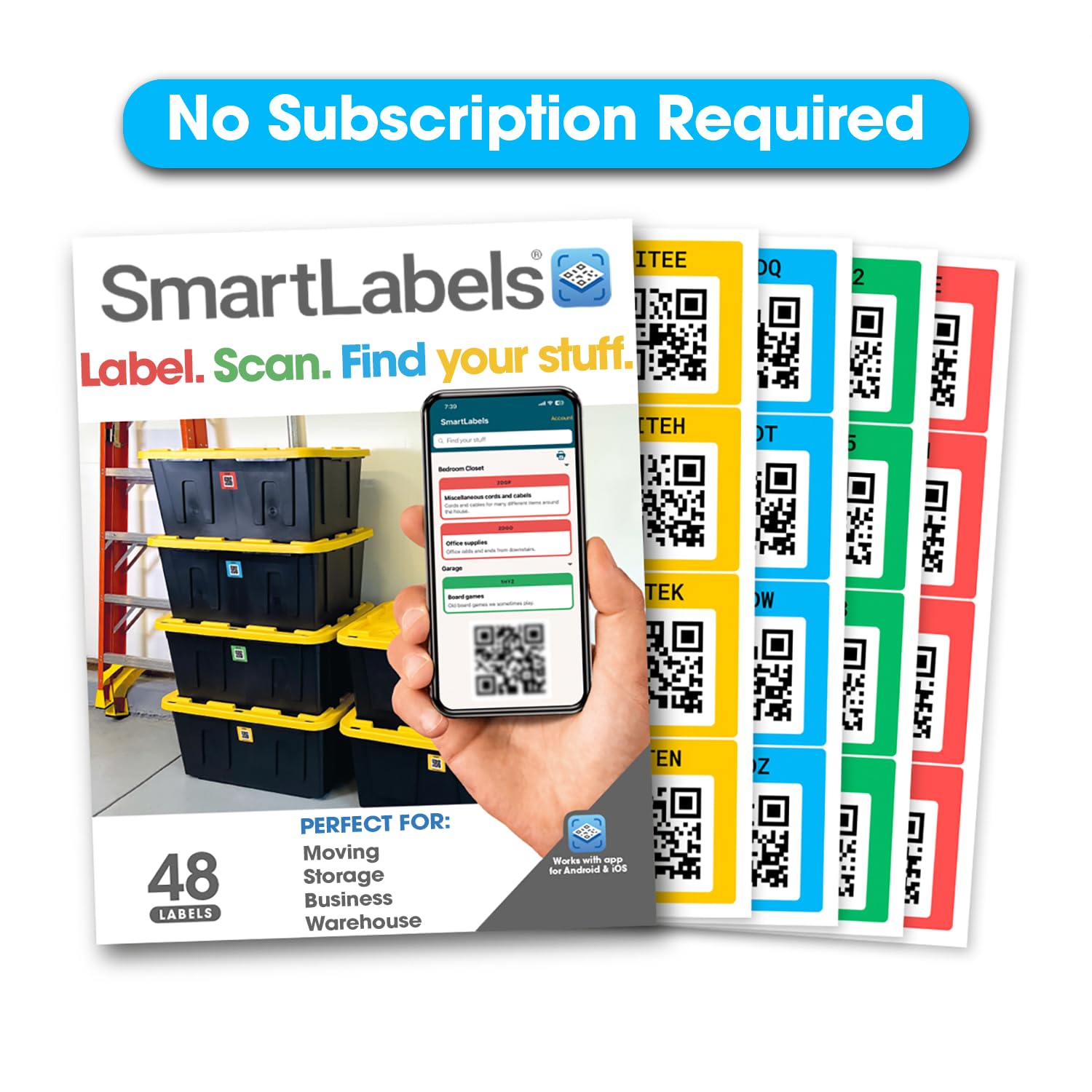 48 Pack Smart QR Code Stickers for Storage & Inventory Tracking - Made in USA | Organize Storage Units, Moving Supplies & App Inventory Management | Perfect for Home Organization, Warehouse Labeling & Business Asset Tracking