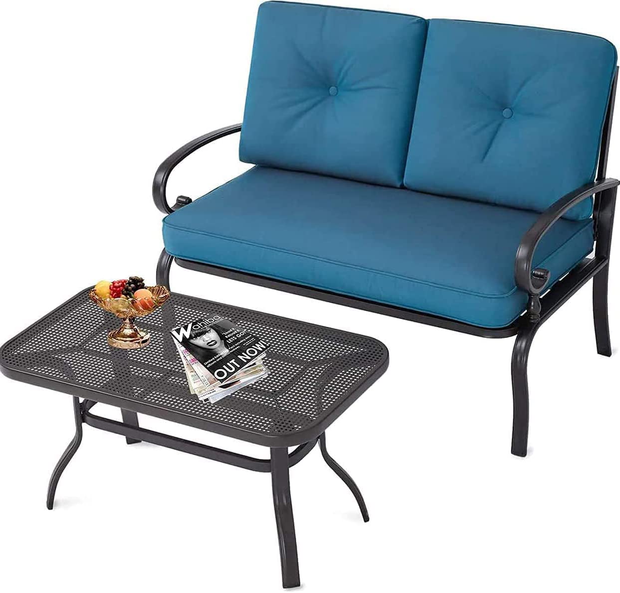 Outdoor Patio Loveseat Bench Set with Thick Cushions & Coffee Table - 2-Piece Wrought Iron Metal Frame Furniture in Peacock Blue | Perfect for Garden, Backyard, Balcony & Poolside Relaxation