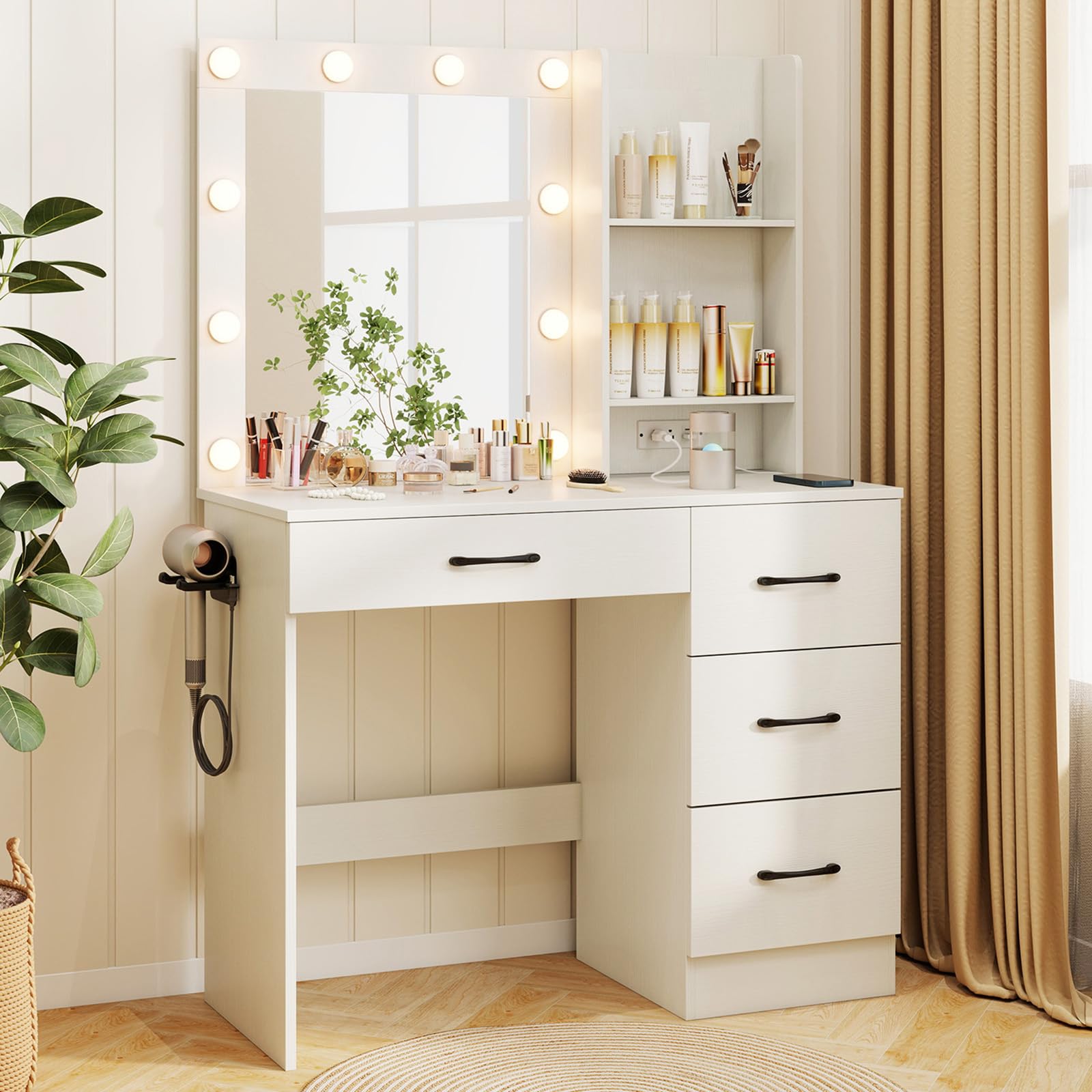 Charmaid White Vanity Desk with Mirror, LED Lights & Charging Station - Modern Makeup Dressing Table with 4 Drawers & 2 Shelves, 3-Color Adjustable Lighting - Perfect for Bedroom, Home Salon & Beauty Room Organization