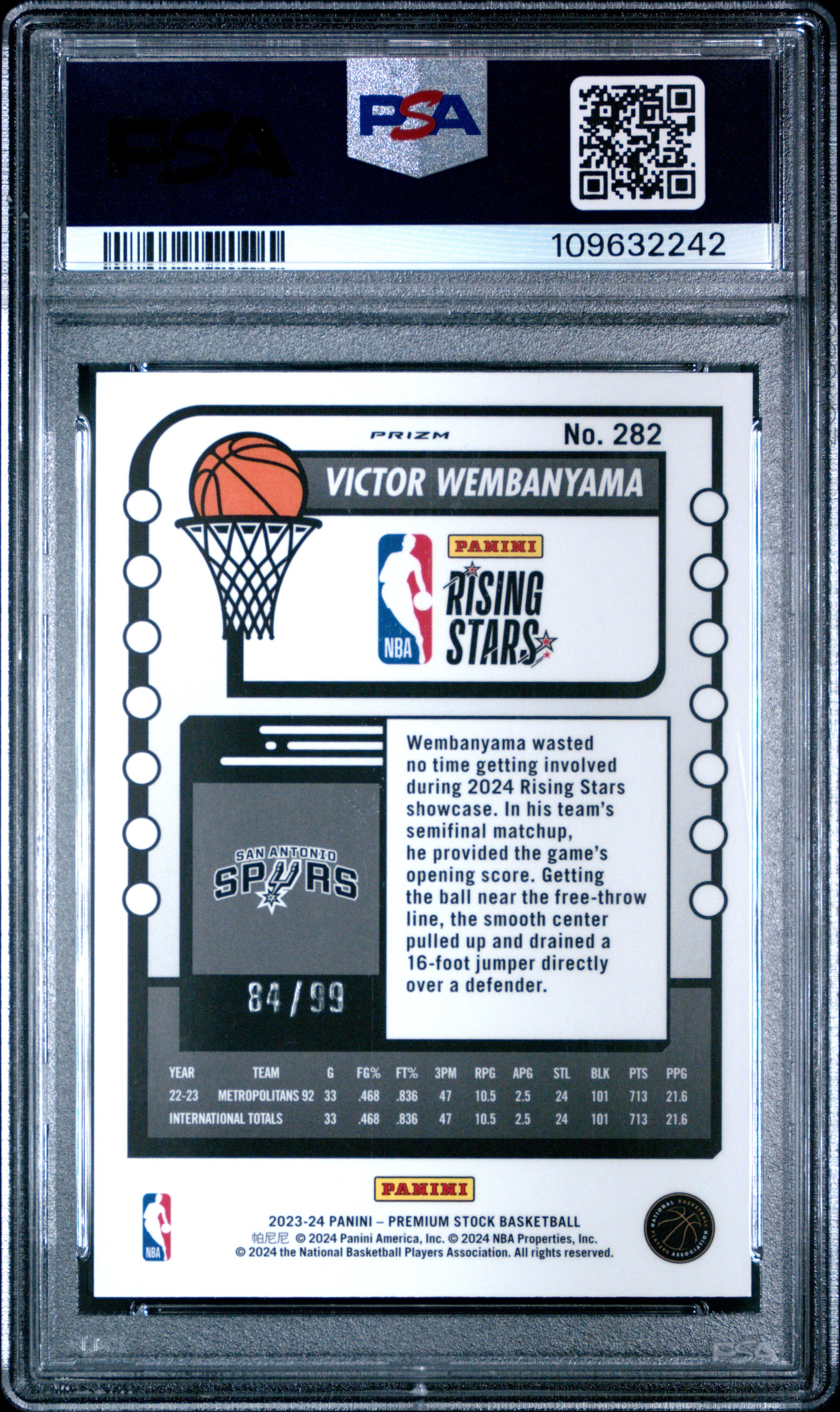 2023 Panini Hoops Premium Stock Victor Wembanyama Blue Ice Prizm #282 PSA 10 Graded Basketball Card - Rare Collectible for NBA Fans & Sports Memorabilia Enthusiasts