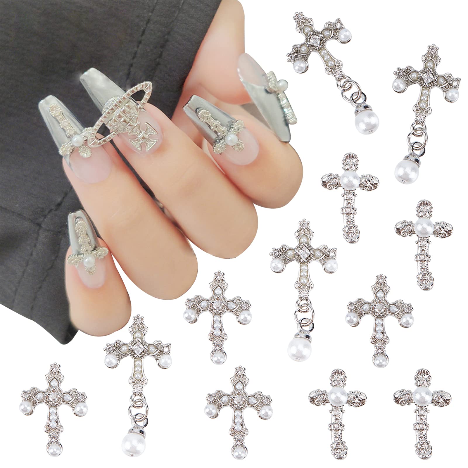 12Pcs 3D Cross Nail Art Charms Kit with Pearls - Mixed Size Antique Style Nail Rhinestones for Women & Girls (Silver) | Perfect for Nail Decorations, DIY Nail Art Designs, and Special Occasion Manicures