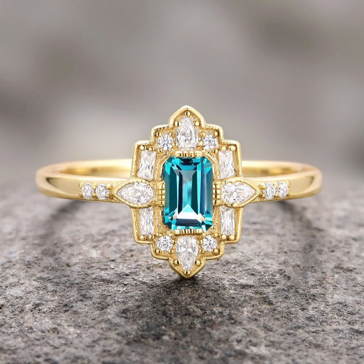 14K Yellow Gold Vermeil Art Deco London Blue Topaz Ring - Elegant Vintage Jewelry for Women, Perfect for Weddings, Anniversaries & Special Occasions