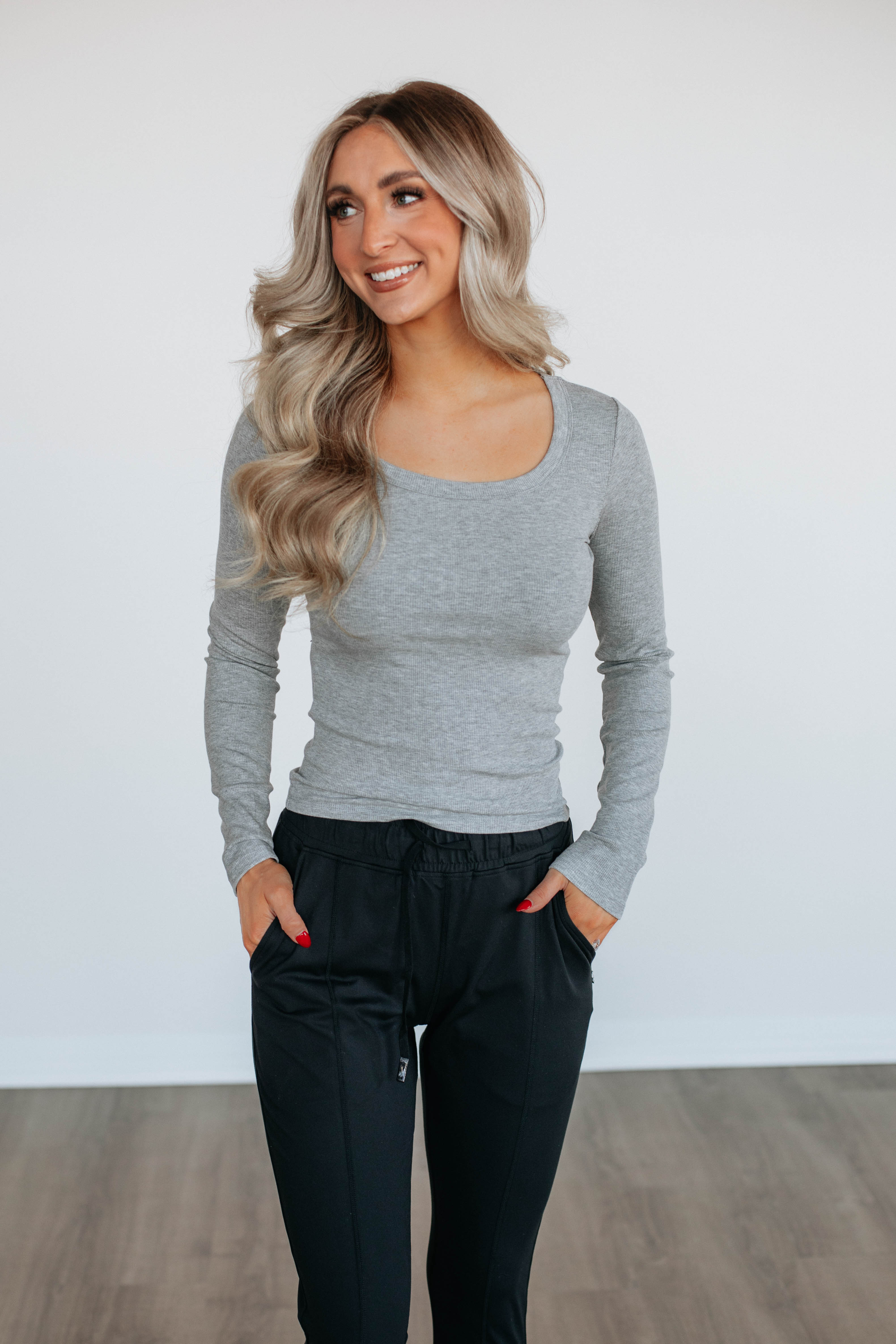 Kasen Ribbed Top for Women - Soft Heather Grey Stretch Knit Shirt - Perfect for Casual Wear, Layering & Everyday Outfits