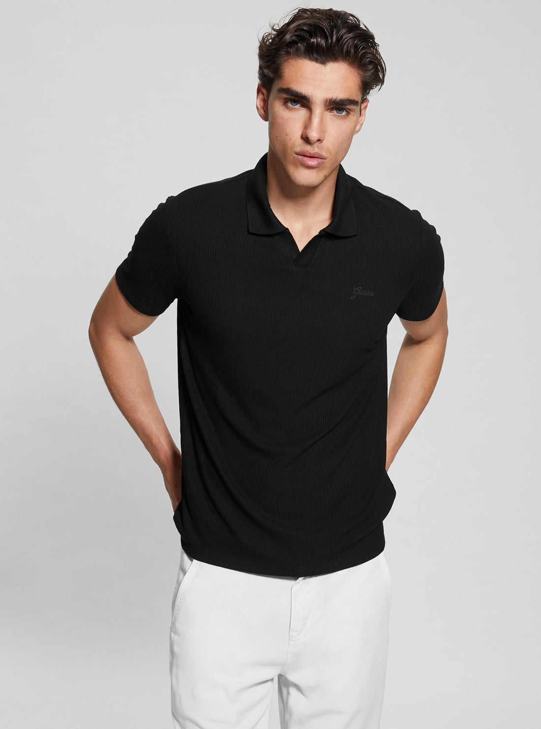 Black Ryker Rib Knit Polo T-Shirt for Men - Comfortable Stretch Cotton Casual Shirt - Perfect for Work, Golf & Everyday Wear