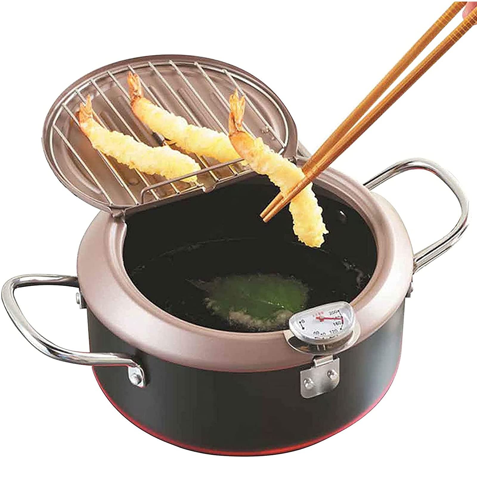Muuunann Stainless Steel Japanese Style Deep Fryer Pot with Thermometer & Oil Drip Rack - Perfect for Tempura, Shrimp, Fish & French Fries - Ideal for Home Kitchen, Restaurant & Outdoor Cooking