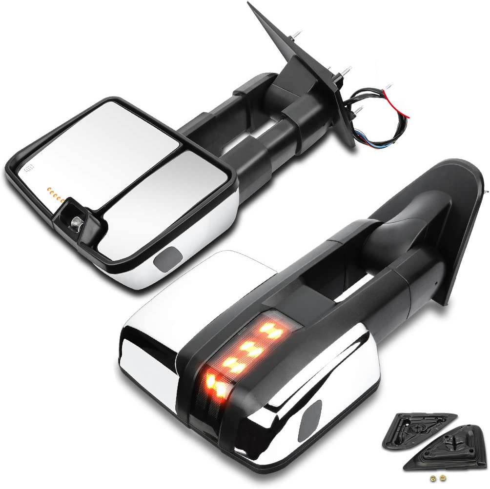 CCiyu Power Heated Towing Mirrors - Left & Right Chrome Side Mirrors Compatible with 2014-2018 Chevy/GMC 1500 & 2015-2019 Chevy/GMC 2500/3500 Trucks - Features Turn Signal Lights & Defrost Function - Perfect for Towing, Off-Roading & Winter Driving