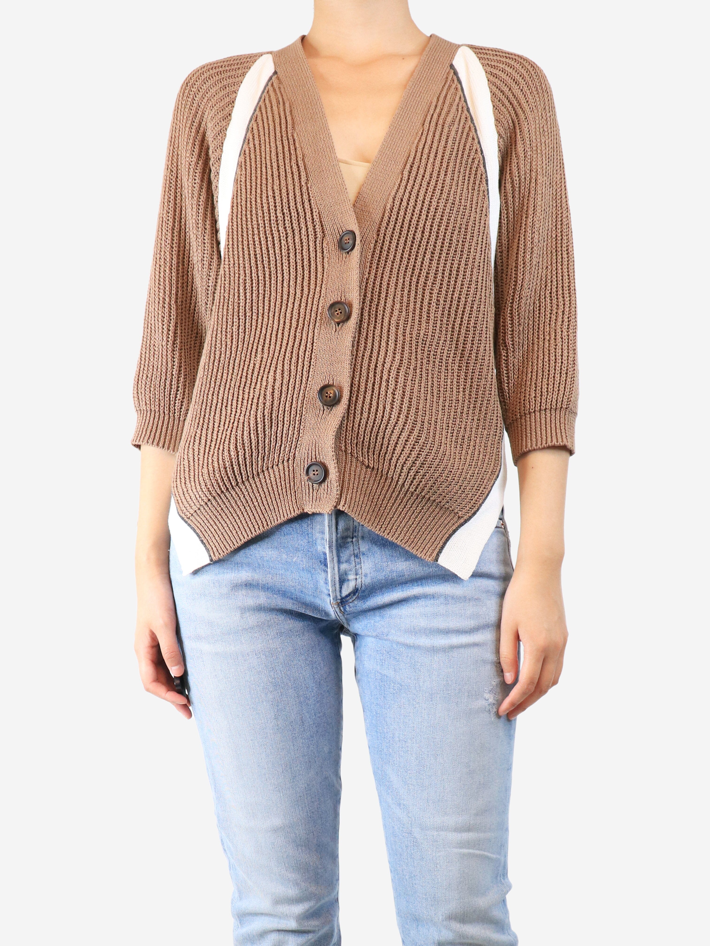 Brown Ribbed Cotton Cardigan for Women - Size S | Soft & Cozy Knit Sweater | Perfect for Fall & Winter Layering