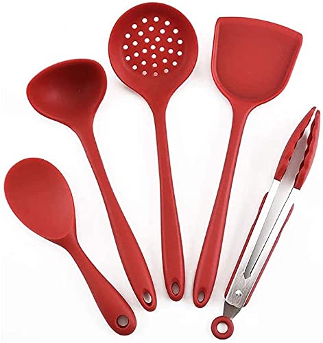 Premium 5-Piece Silicone Kitchen Utensil Set - Heat-Resistant Spatula, Mixing Spoon, Rice Scoop, Food Tongs & Colander - Non-Slip Grip (Red) for Cooking, Baking & Serving - Ideal for Home Chefs & Professional Kitchens