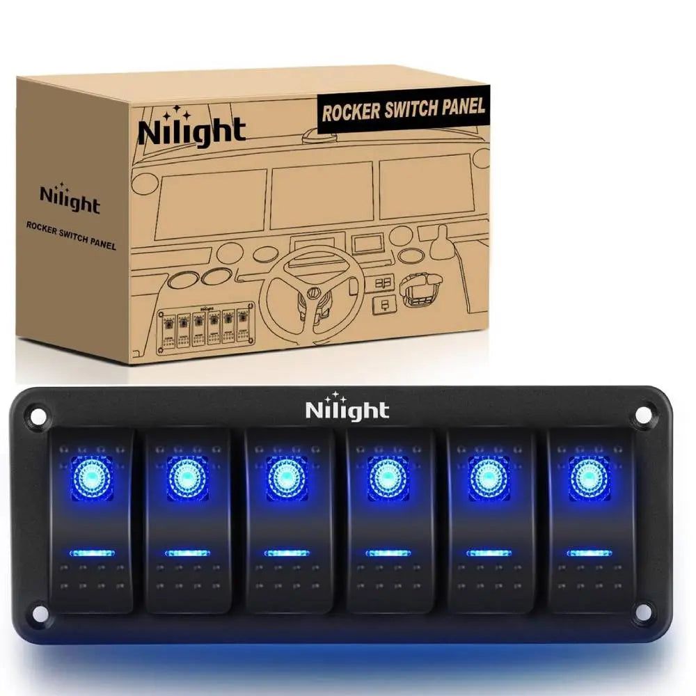 6 Gang Aluminum 5 Pin ON/Off Blue LED Rocker Switch Panel for Marine, RV, Truck & Automotive Applications