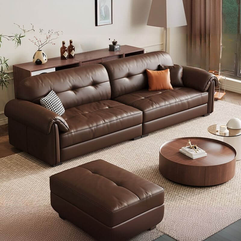 Minimalist Waterproof Auburn Leather Floor Sofa - 3/4 Seater Modern Sectional Couch for Living Room, Lounge & Small Spaces