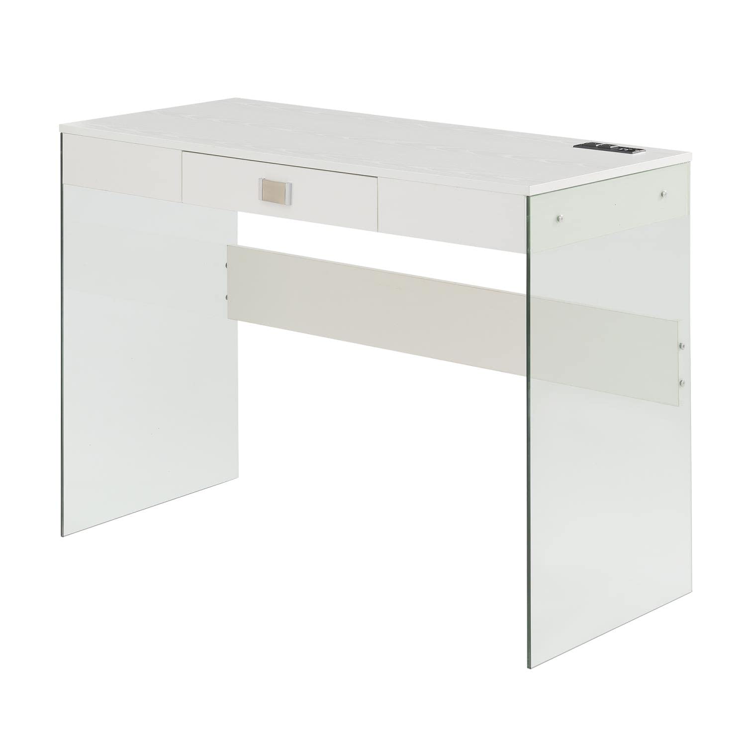Soho Glass Desk with Built-in Charging Station - 42 Inch Modern White Writing Desk for Home Office, Gaming & Study Workspace