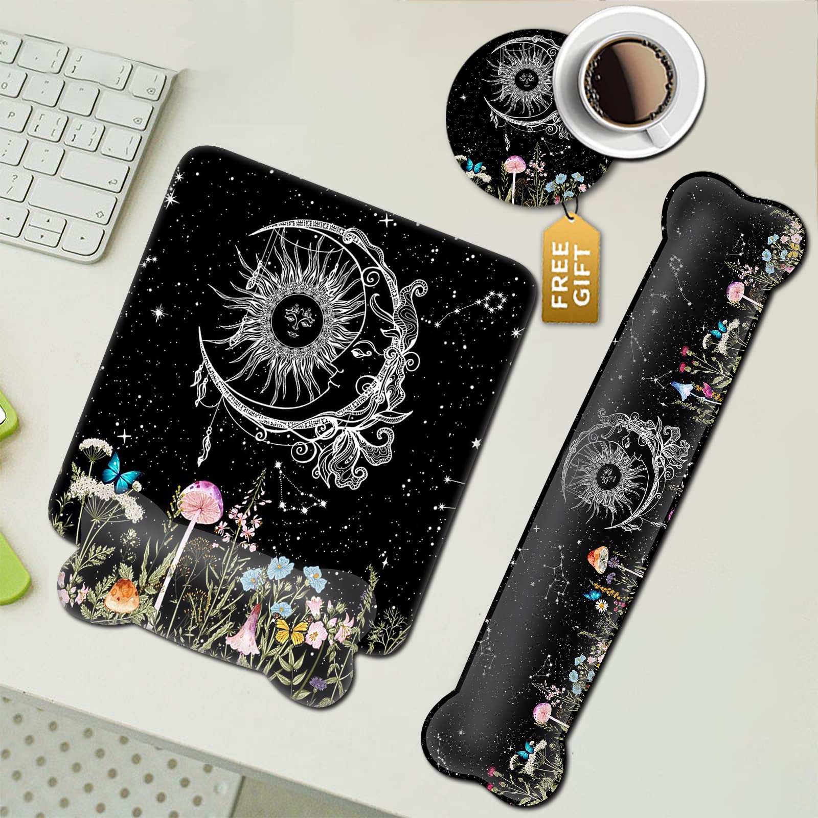 Ergonomic Mouse Pad with Wrist Support & Keyboard Wrist Rest Set - Non-Slip PU Base, Sun Moon Wildflowers Butterfly Starry Sky Design - Perfect for Computer, Laptop, Home & Office Use - Includes Gel Mouse Pad & Coasters for Comfortable Typing Experience
