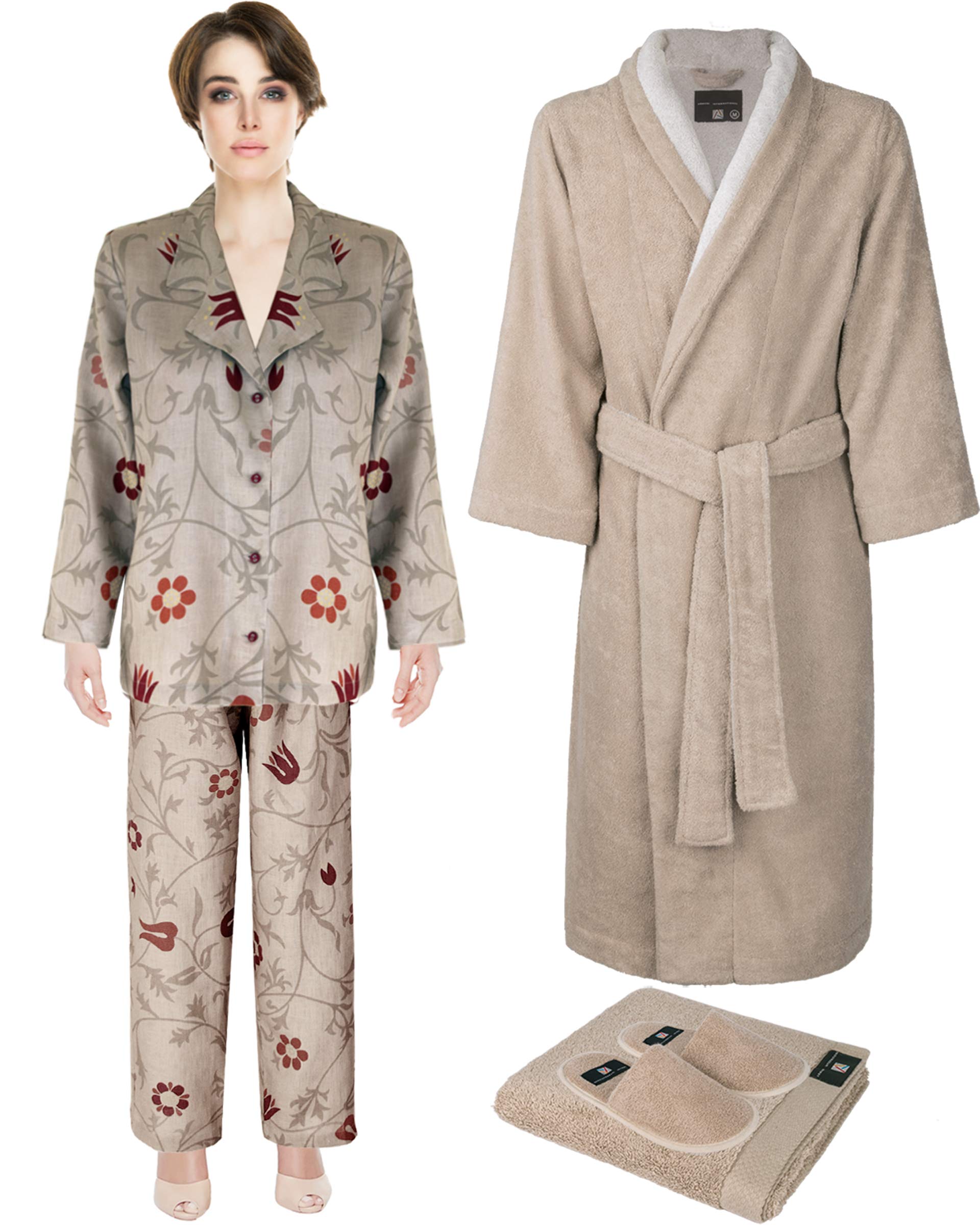 Luxury Women's Pajama Set with Robe, Slippers & Hand Towel - 4-Piece Sleepwear Collection | European Crafted Cotton Loungewear for Relaxation & Spa Nights