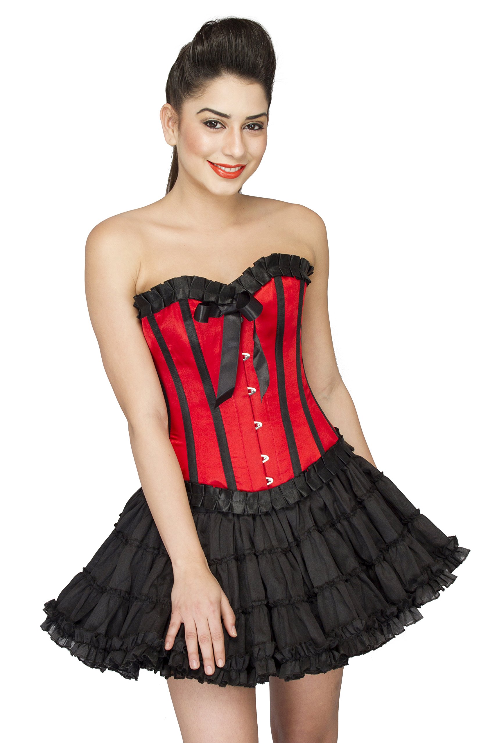 Red Satin Black Frill Gothic Burlesque Overbust Corset Dress with Tutu Skirt - Elegant Victorian Steampunk Costume for Halloween, Cosplay & Burlesque Shows