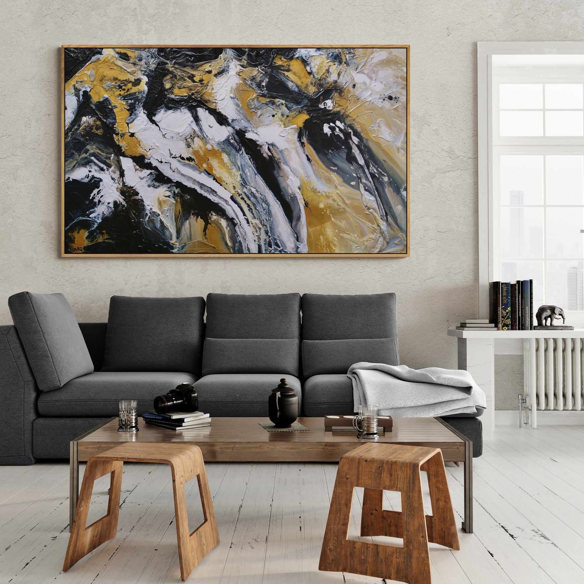 Golden Pearl 200cm x 120cm Black Gold White Textured Abstract Canvas Painting - Modern Wall Art for Living Room, Bedroom & Office Decor