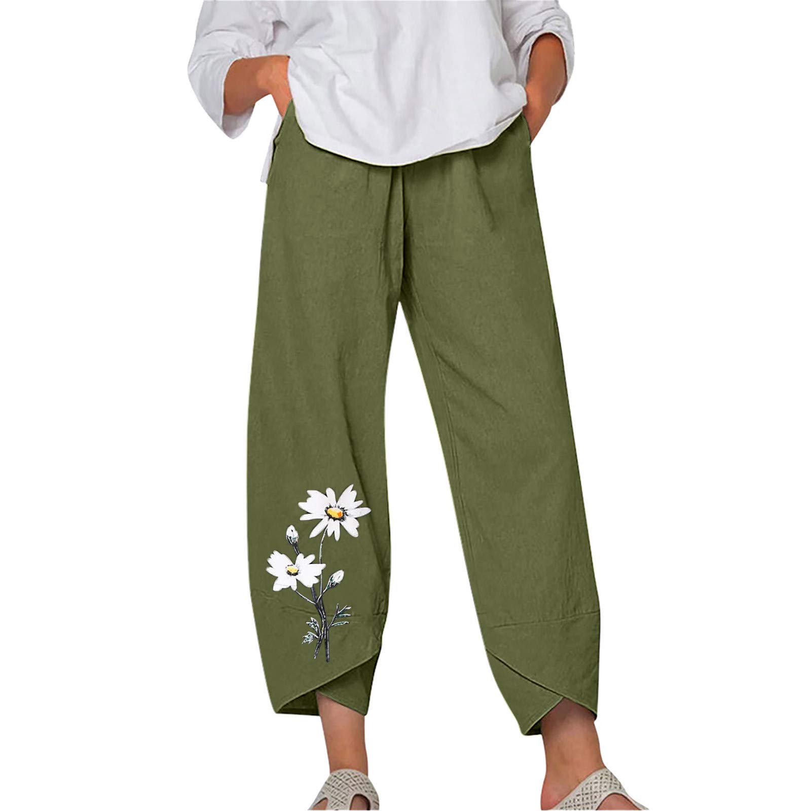 Women's Cotton Linen Wide Leg Pants - Elastic Waist Cropped Trousers with Pockets | Casual Summer Loose Pants for Work, Travel & Everyday Wear