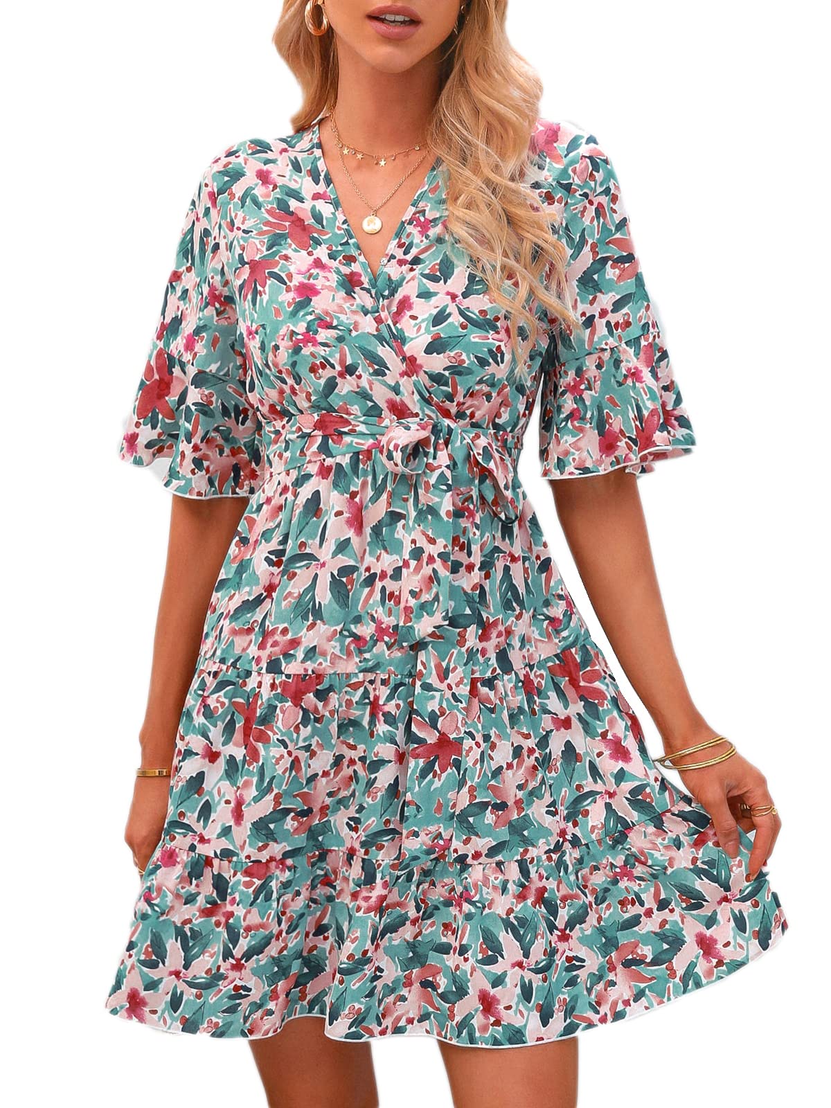 ANRABESS Women's Summer Floral Print Ruffle Mini Dress - Bell Sleeve, Elastic Waist, A-Line Swing Dress for Beach, Vacation & Casual Outings