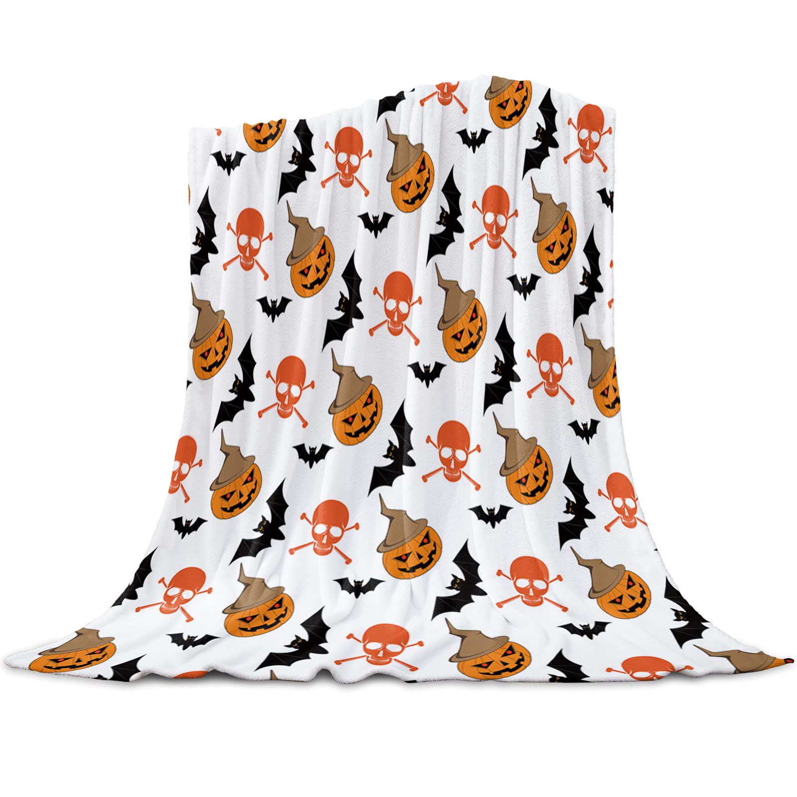 Soft Flannel Fleece Halloween Pumpkin Bat White Throw Blanket 50x80 Inch - Cozy Fuzzy Plush Blanket for Couch, Sofa & Bed - Perfect for Fall Decor, Movie Nights and Gift Giving