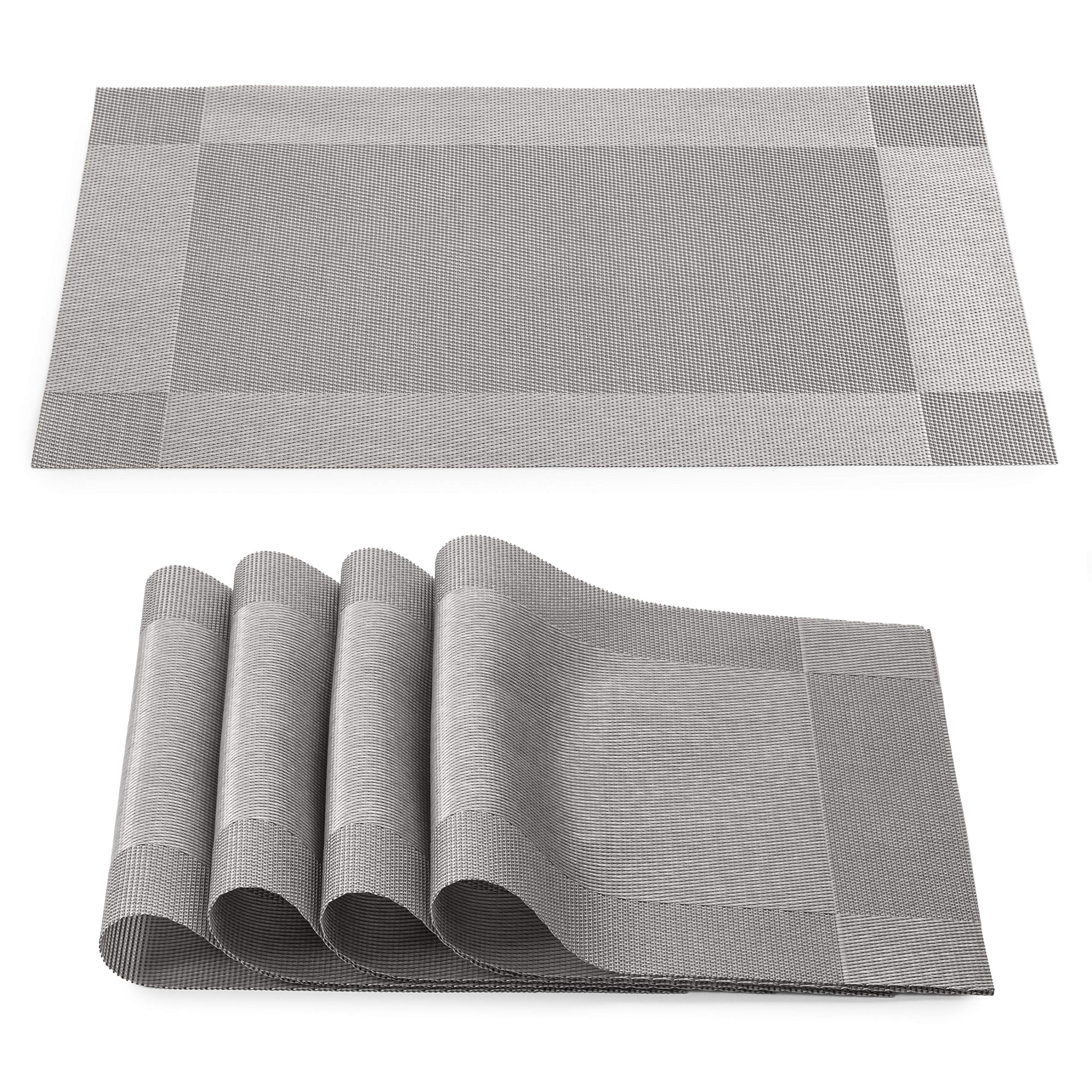 Emunal Set of 6 Heat-Resistant Vinyl Placemats for Dining Table - Washable, Stain-Resistant PVC Kitchen Table Mats (Silver) - Perfect for Family Dinners, Parties & Holiday Gatherings