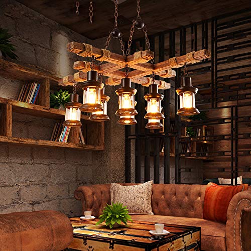 iMeshbean 8-Light Farmhouse Chandelier - Rustic Wooden Hanging Ceiling Light Fixture for Kitchen, Dining Room, Bar, Pool Table & Living Room | Industrial Style Pendant Lighting for Home Decor