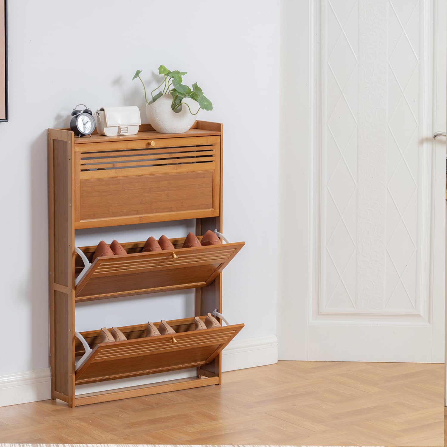Slim Shoe Storage Cabinet with 3 Flip Drawers - Bamboo Entryway Organizer for Shoes, Boots & Sneakers | Perfect for Small Spaces, Hallway & Closet Organization