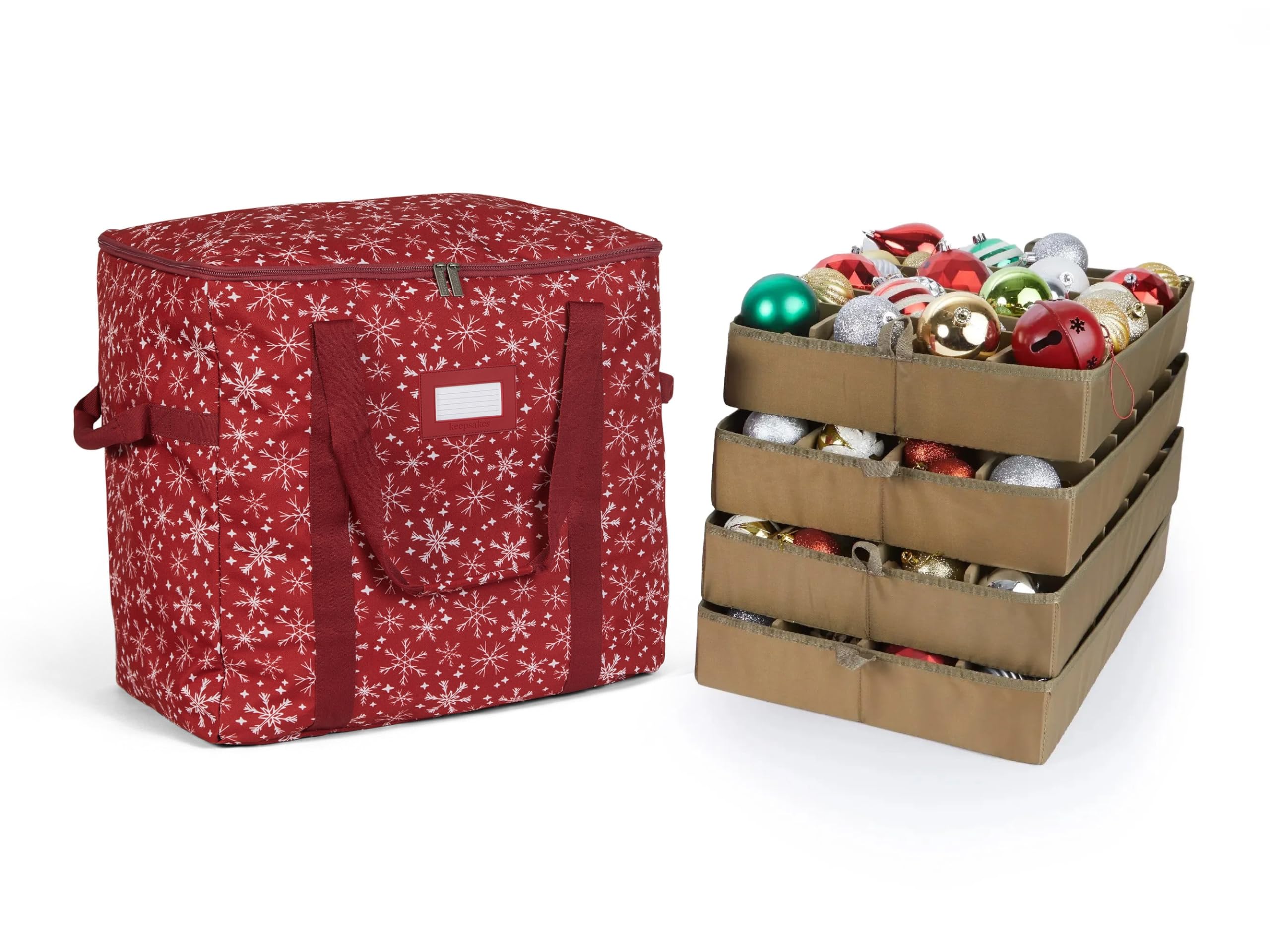 Covermates Keepsakes Adjustable Christmas Ornament Storage Bag with Handles & Padded Protection - Holiday Decor Organizer for Delicate Tree Ornaments (Red Snowflake Design) - Perfect for Seasonal Storage & Decor Protection