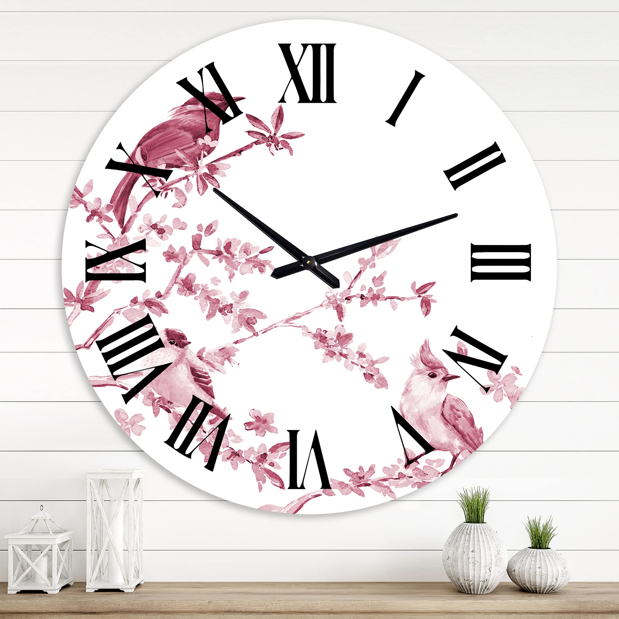 DesignQ Traditional Wall Clock - Beautiful Pink Birds & Animals Decor, Large Silent Non-Ticking Clock for Living Room, Bedroom, Office | Perfect Home Décor Gift Idea