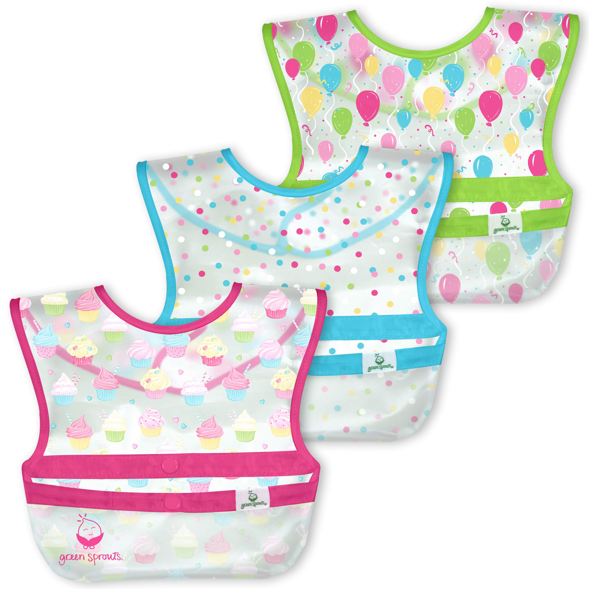 Green Sprouts Snap + Go Wipe-Off Bibs - Waterproof & Easy Clean Baby Bibs with Catch-All Pocket | PVC & Formaldehyde Free | Pink Cupcakes Design | 9-18 Months | 3 Pack | Perfect for Messy Mealtime & Baby-Led Weaning
