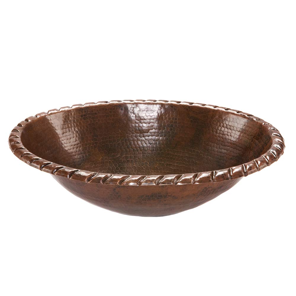 Premier Copper 19-Inch Oval Hammered Copper Sink with Roped Rim - Oil Rubbed Bronze Finish - Perfect for Farmhouse Kitchen & Bathroom Vanity