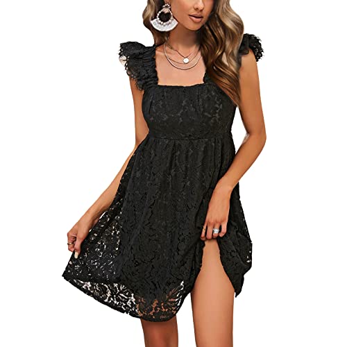 EXLURA Women's Vintage Ruffle Strappy Lace Mini Dress - Square Neck, Empire Waist Sundress for Wedding Guest, Party, Cocktail & Summer Occasions