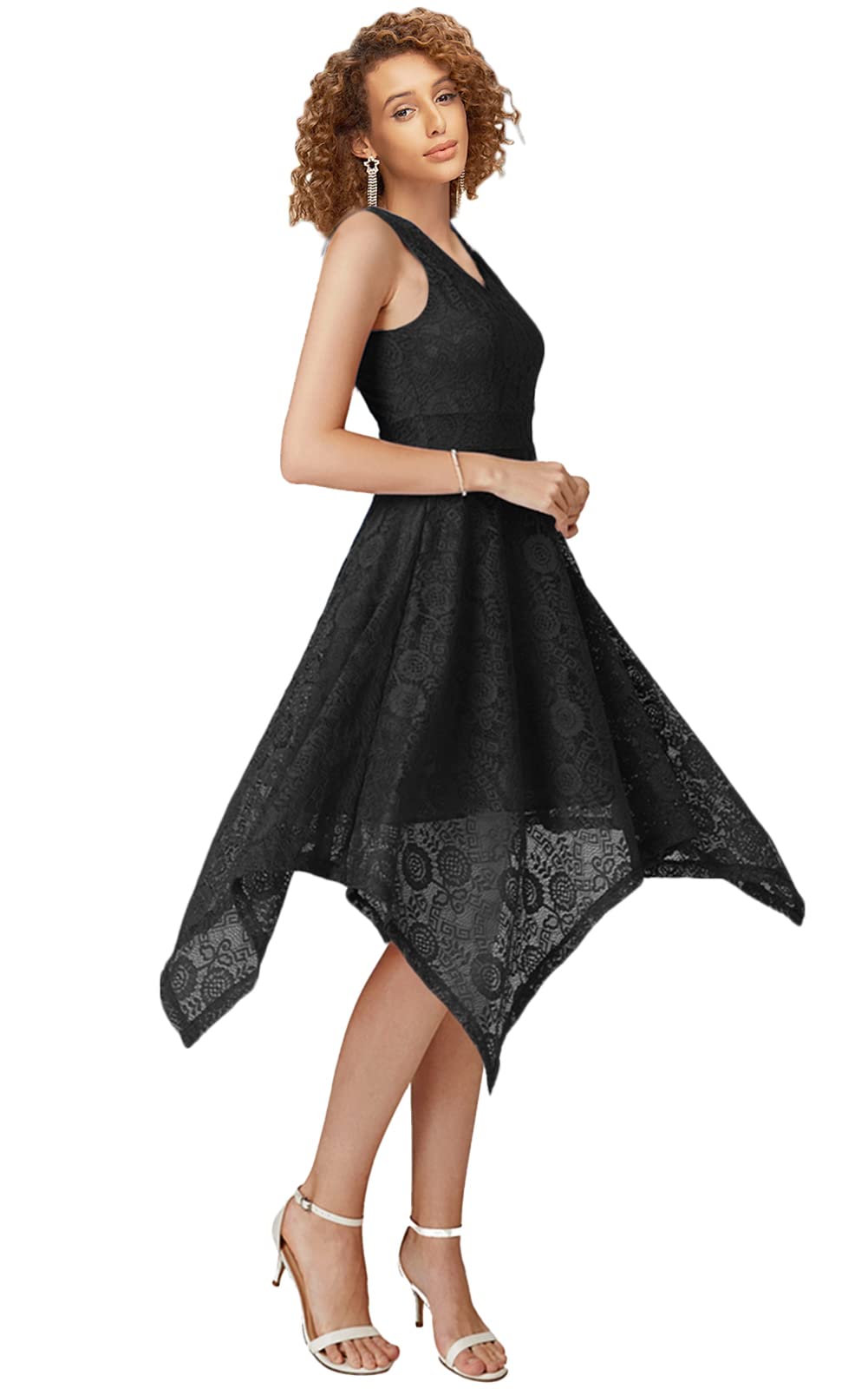 Elegant Women's Floral Lace Asymmetrical Handkerchief Swing Midi Dress for Cocktail Party, Wedding Guest, Formal Occasions & Special Events