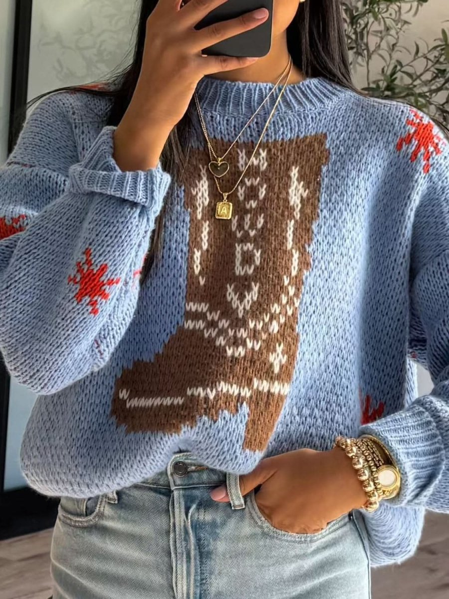 Women's Boot Pattern Round Neck Oversized Drop Shoulder Sweater - Cozy Knit Pullover for Fall & Winter Fashion, Casual Outfits and Layering