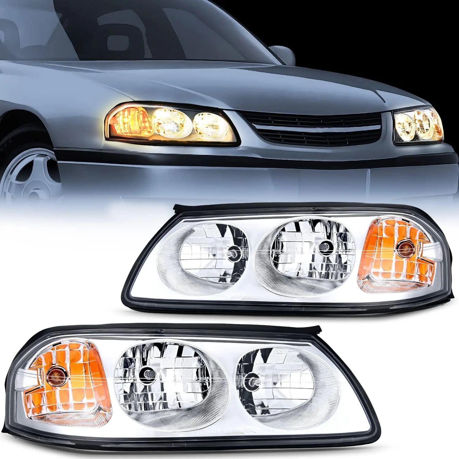 2000-2004 Chevy Impala Headlight Assembly - Chrome Housing with Amber Reflector - Replacement for Dim or Broken Headlights - Improves Night Driving Safety