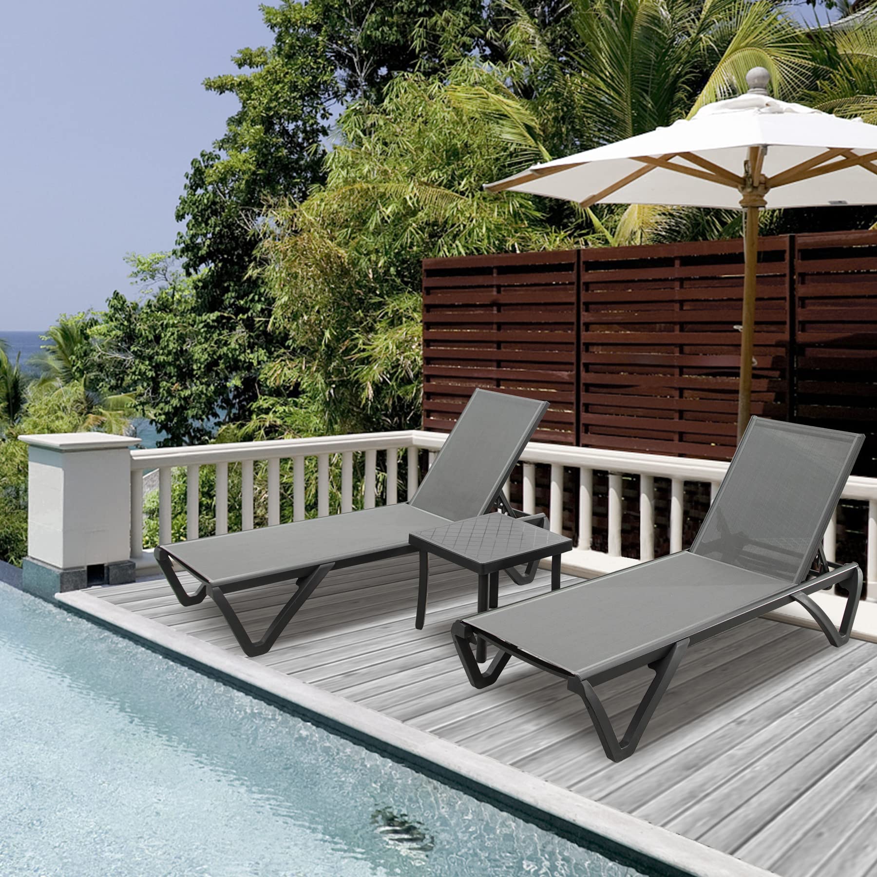 Premium Domi Aluminum Pool Lounge Chairs with Side Table - 5-Position Adjustable Backrest, Wheels & All-Weather Design - Set of 2 Grey Outdoor Chaise Lounges for Poolside, Patio, Beach & Backyard Relaxation