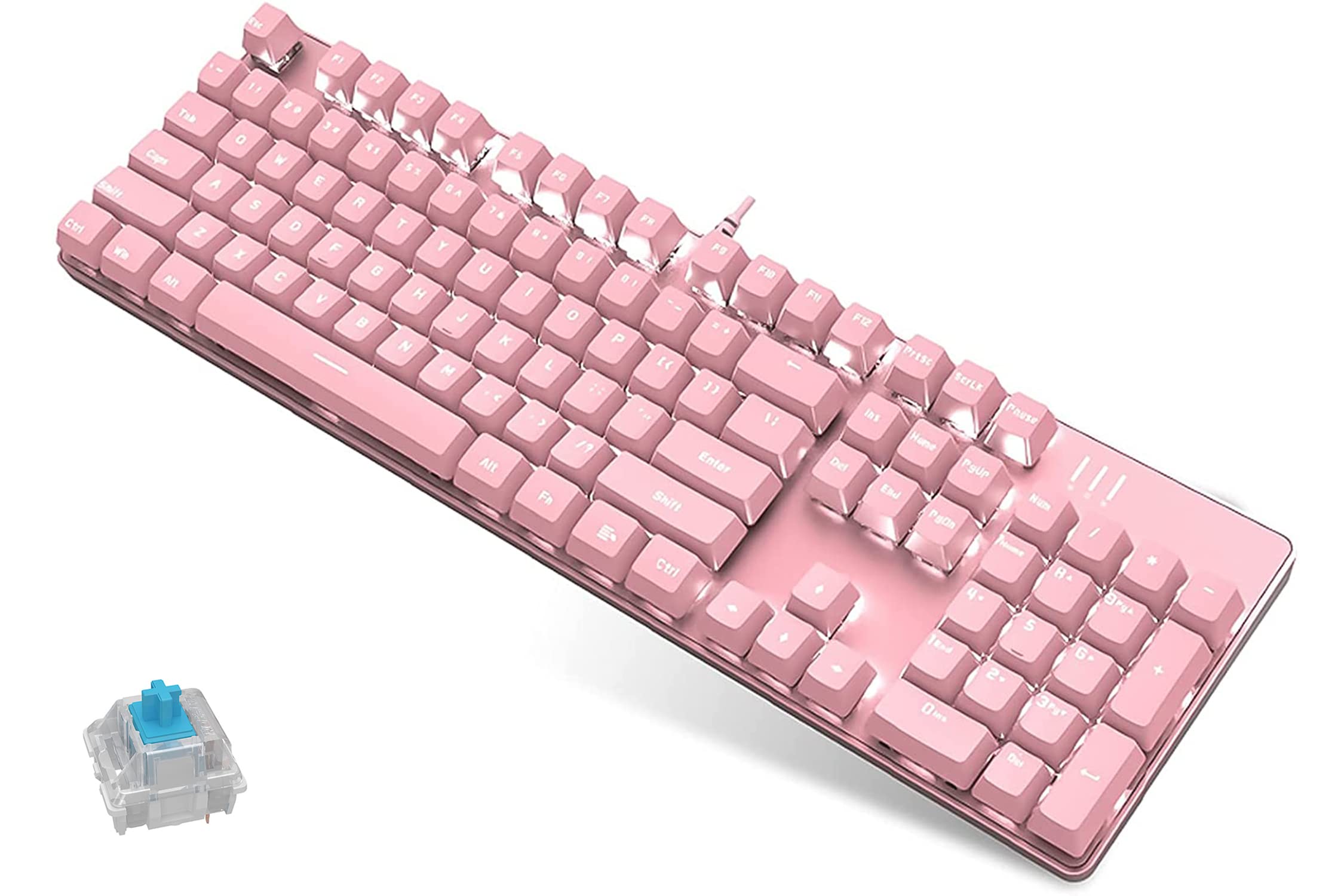 ALKEM Mechanical Gaming Keyboard - 104 Keys with White Backlit, Blue Switches & Anti-Ghosting | USB Wired Full-Size Keyboard for Windows & Mac | Perfect for Gaming, Typing & Office Work (Pink)