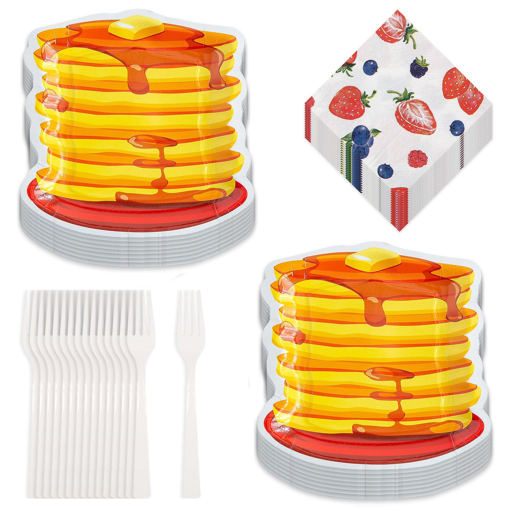 Pancake Stack Paper Plates & Mixed Berry Napkins Set - 16-Piece Breakfast & Brunch Party Supplies for Home, Office, and Outdoor Gatherings