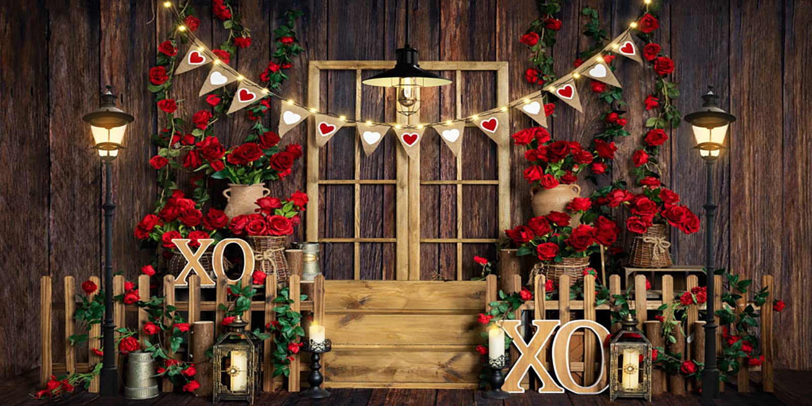 20x10ft Valentine's Day Photography Backdrop - Red Rose & Street Lamp Spring Garden Wood Wall Background for Newborn Baby Shower, Wedding, Birthday Party Decor | Studio Props for Professional Photo Shoots